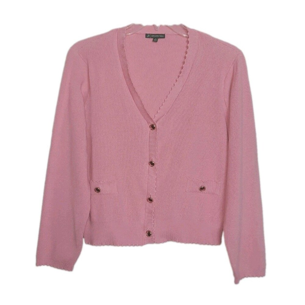 Adrianna Papell Pink Scalloped Knit Gold Button V-Neck Crop Cardigan Sweater XL